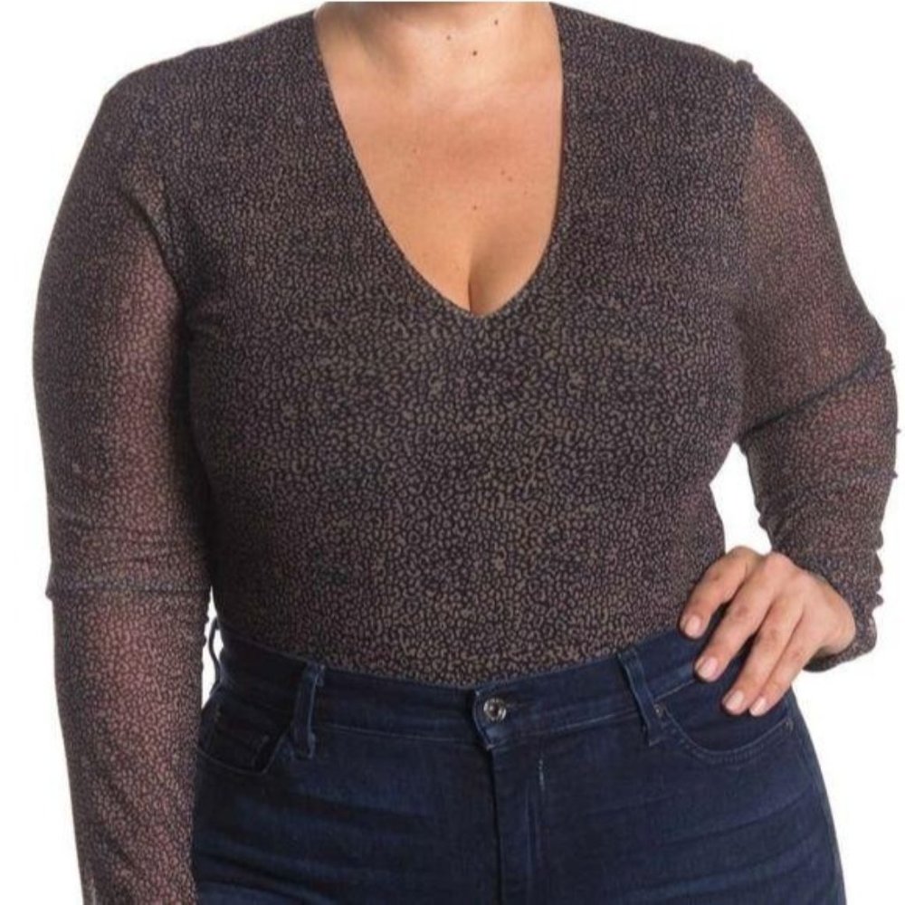 AFRM Mesh Bodysuit Womens Size 3X Brown Cheetah Print Scoop Neck Long Sleeve Top